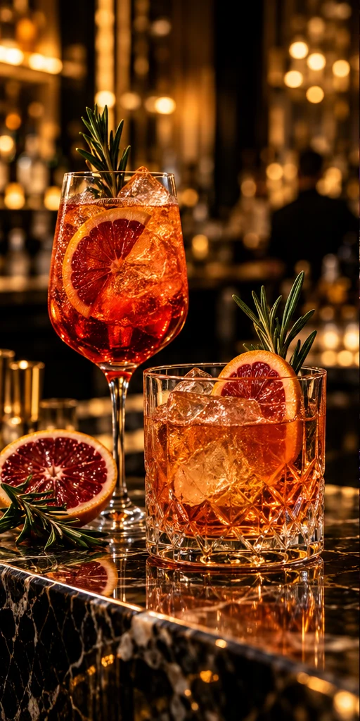 Concept image of citrus cocktails at a warmly lit bar