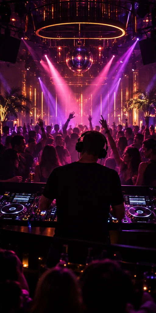 Concept image of a DJ and dance floor with violet lighting